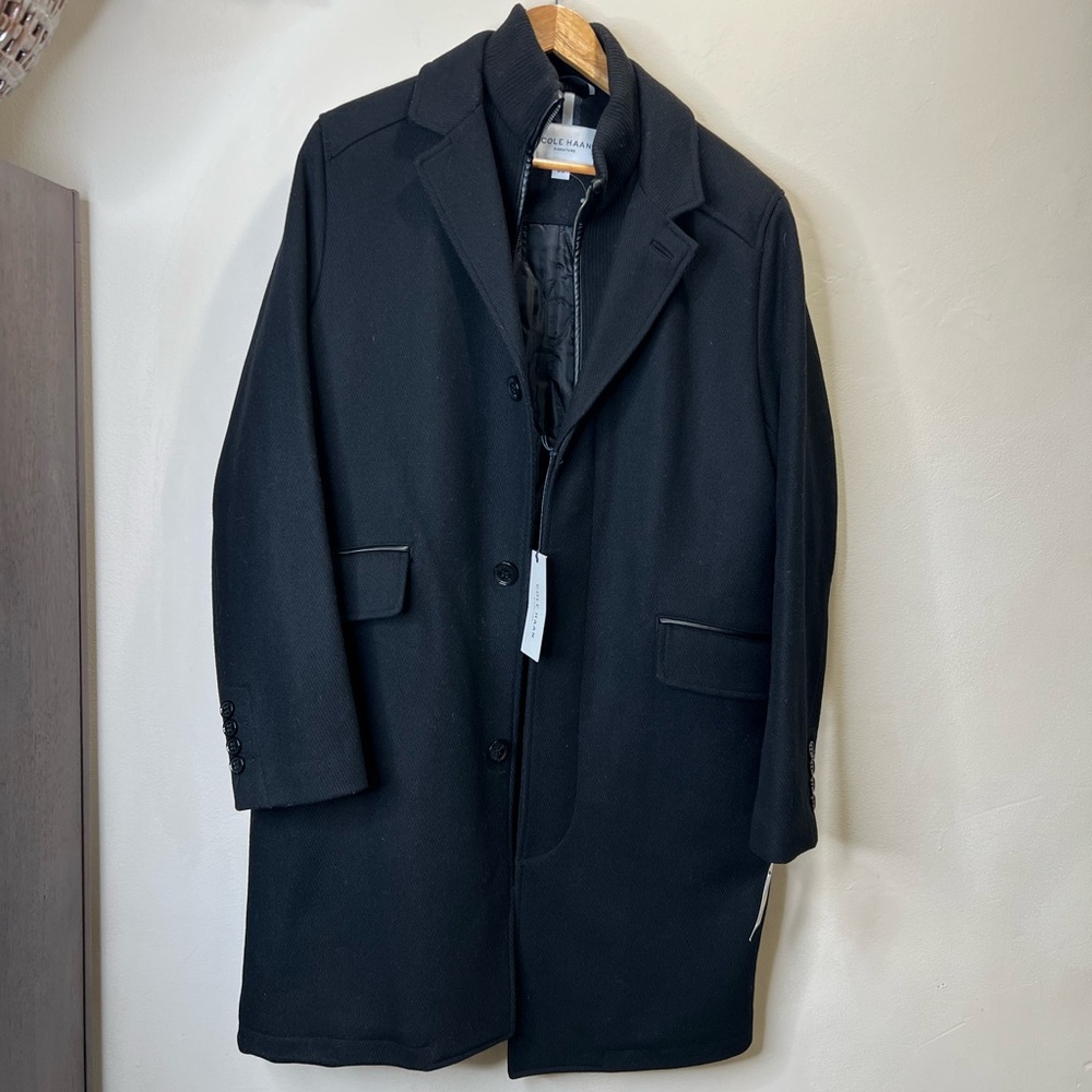 COLE HAAN Men’s Black Wool-Blend Twill Coat Size M
